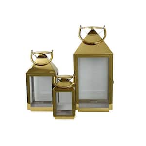 Brass Metal Decorative Lantern with Wooden Handle and Glass Panel (Set of 3)