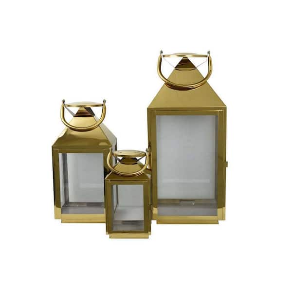 Benjara Brass Metal Decorative Lantern with Wooden Handle and Glass Panel (Set of 3)