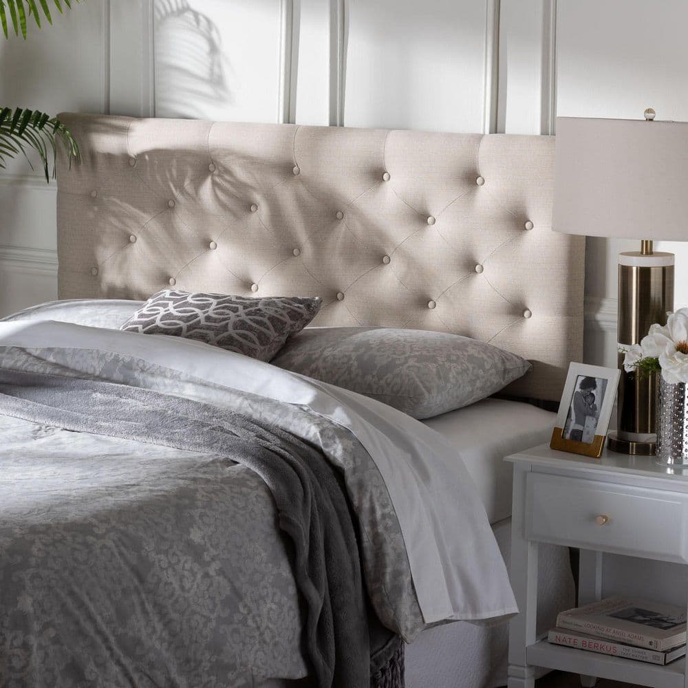 Light Beige Tufted Faux Leather Queen Headboard