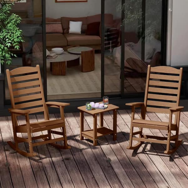 Teak All Weather Resistant HIPS Plastic Patio Outdoor Rocking Chair for Lawn, Porch, Indoor and Garden (Set of 2)
