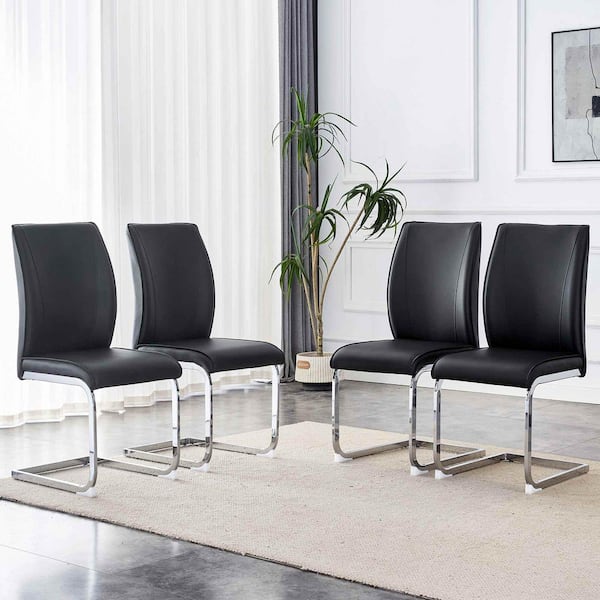 Black/Silver PU Leather Metal Frame Dining Chairs Set of 4