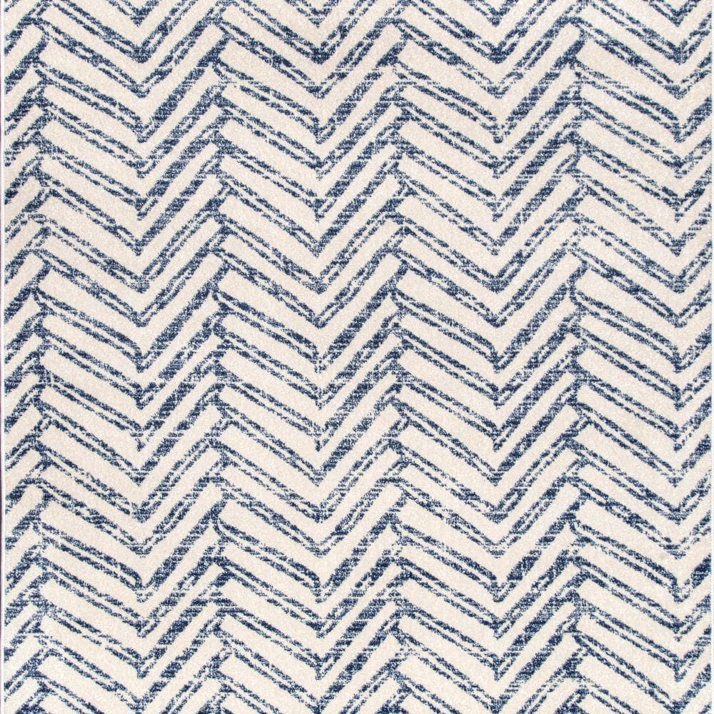 Blue and White Geometric Herringbone 6' Square Area Rug
