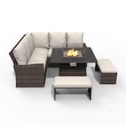 Chloe Brown 5-Piece Wicker Patio Fire Pit Conversation Sofa Set with Beige Cushions