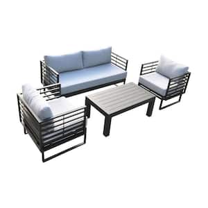 Renava Wharf Black 4-Piece Aluminum Patio Conversation Set with Grey Cushions