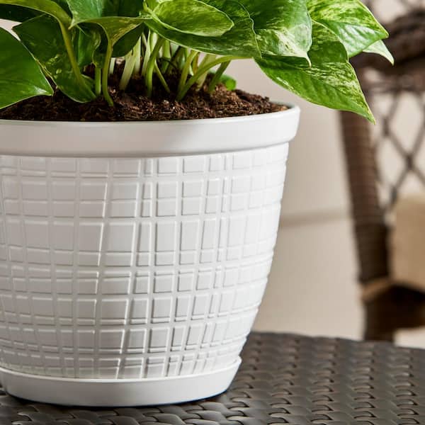 Vigoro - 8 in. Adeline Small Ivory Recycled Plastic Planter (8 in. D x 6 in. H) with Attached Saucer