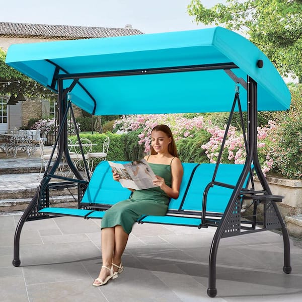 Zeus & Ruta 3 Seat Metal Patio Swing with Textilene Backrest, Outdoor Swing with 2 Cup Holders and Adjustable Canopy, Lake Blue