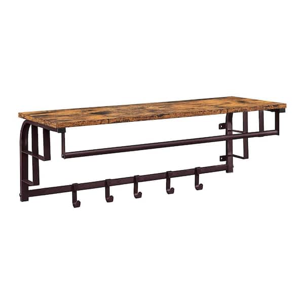 Benjara Brown and Black Wall Mount Coat Rack with 1 Rod and 5 Hooks