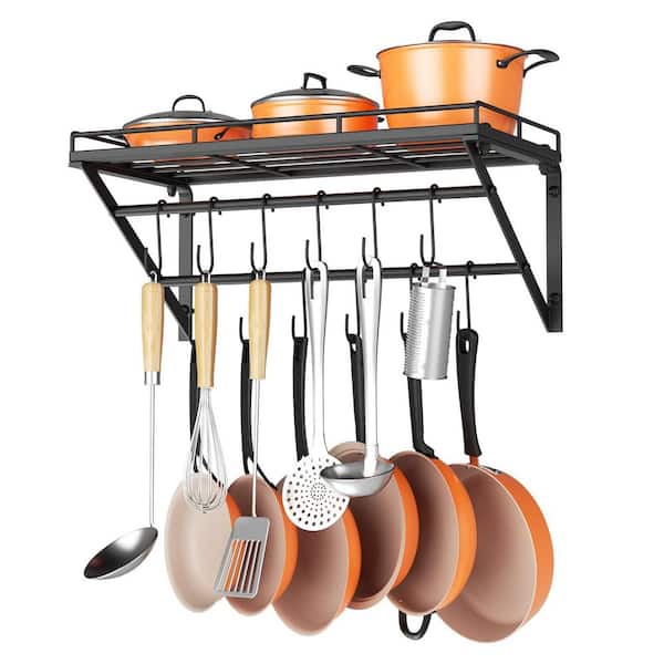 23 in. Wall Mounted Pot Rack Storage Shelf with 2 Tier Hanging Rails for Pans, Utensils, Cookware