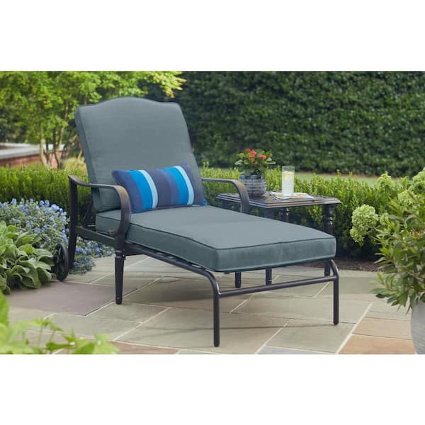 Hampton Bay Laurel Oaks Black Steel Outdoor Patio Chaise Lounge with Sunbrella Denim Blue Cushions
