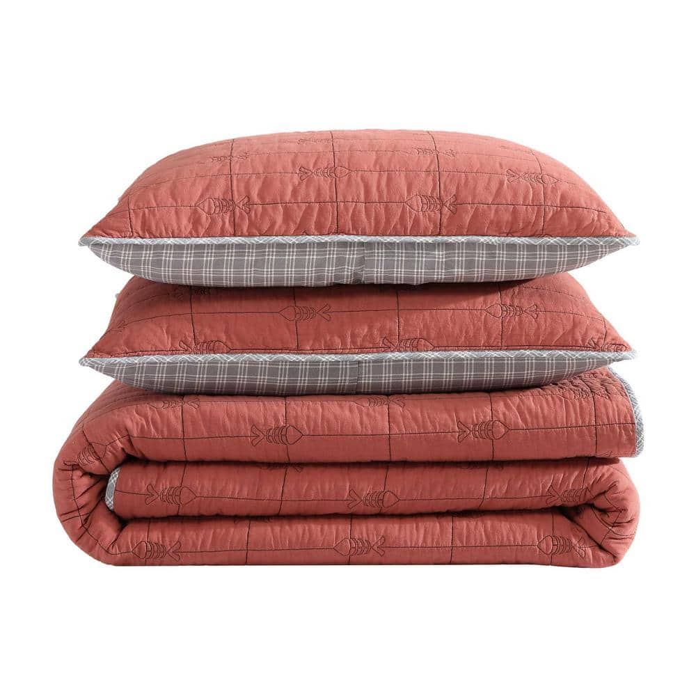 King Gray and Terracotta Cotton Reversible Quilt Set