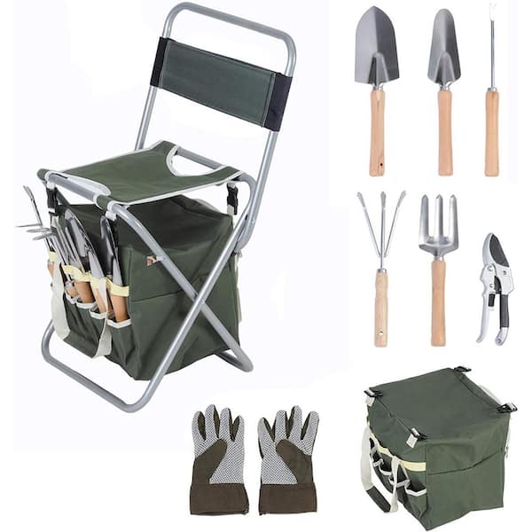 Afoxsos 9-Piece Garden Tool Set Ergonomic Wooden Handle Sturdy Stool with Detachable Tool-Kit