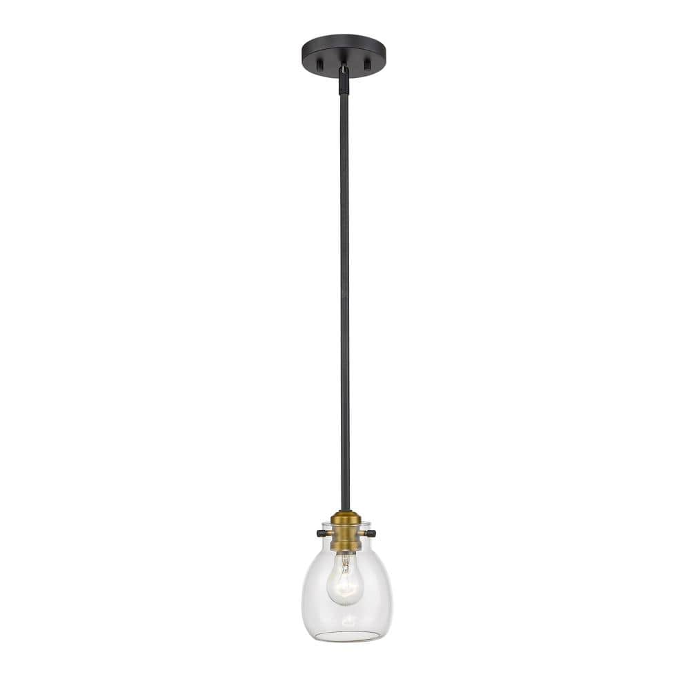Kraken 1-Light Matte Black and Olde Brass Mini Pendant Light with Clear Gla