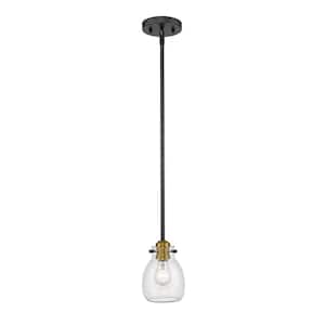 Kraken 1-Light Matte Black and Olde Brass Mini Pendant Light with Clear Glass Shade with No Bulb Included
