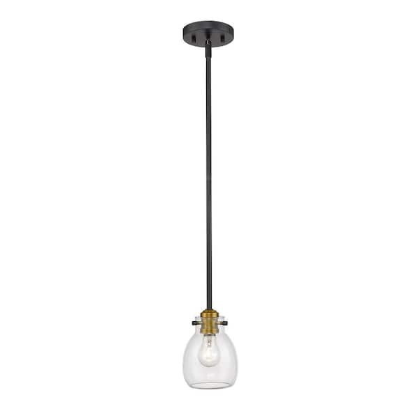 Unbranded Kraken 1-Light Matte Black and Olde Brass Mini Pendant Light with Clear Glass Shade with No Bulb Included