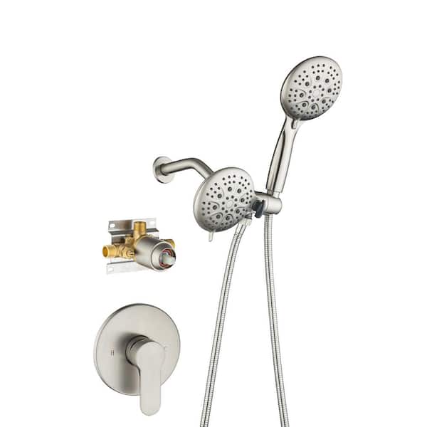 Tahanbath Modern 5-Spray Patterns with 2.5 GPM 4.68 in. Wall Mount Dual Shower Heads with 71 in. Shower Hose in Brushed Nickel