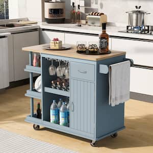 Gray Blue Rubberwood Countertop 40 in. W Kitchen Island Cart Storage Shelves with Side Compartments and Wine Rack