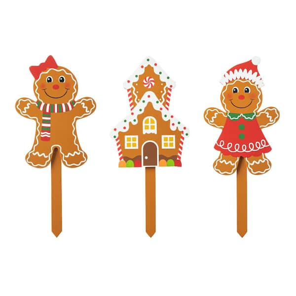 Glitzhome 15 in. H Wooden Gingerbread Man Yard Stake (Set of 3)