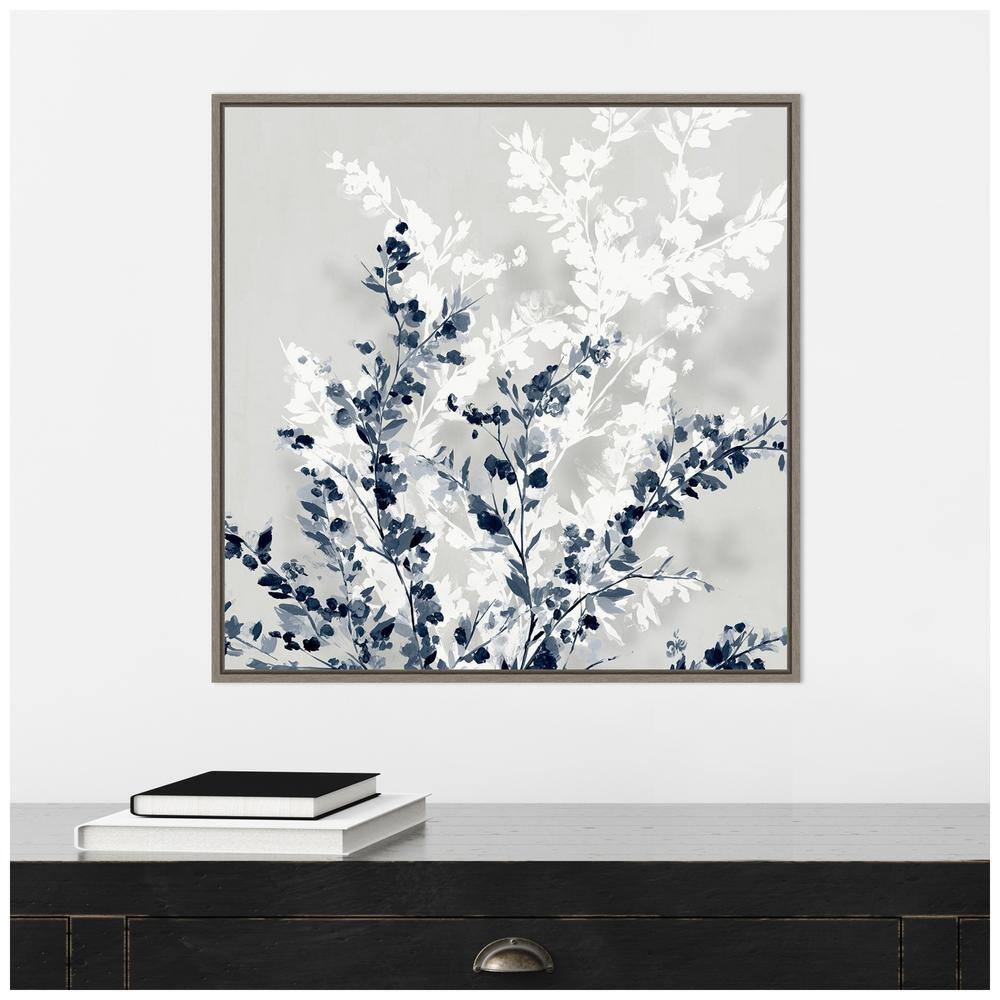22" x 22" Blue and White Abstract Botanic-Inspired Framed Canvas Wall Art
