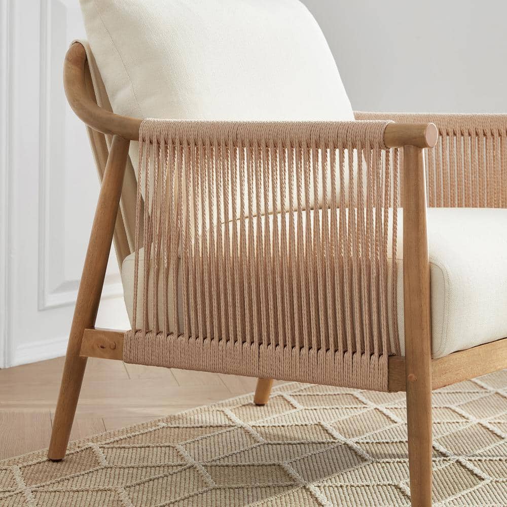 Cream Fabric and Wood Square Arm Accent Chair