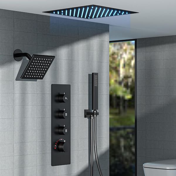 Chromotherapy 7-Spray Square 12 in. Ceiling Rain LED Shower System Fixed and Handheld Shower Head in Matte Black 2.5 GPM