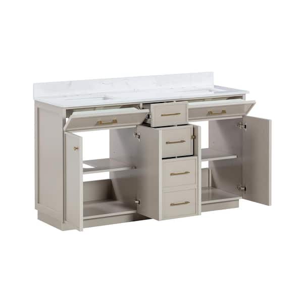 Marcote 60 in W x 20 in D x 35 in H Double Sink Bath Vanity in Greige With Engineered Volakas Marble Vanity Top
