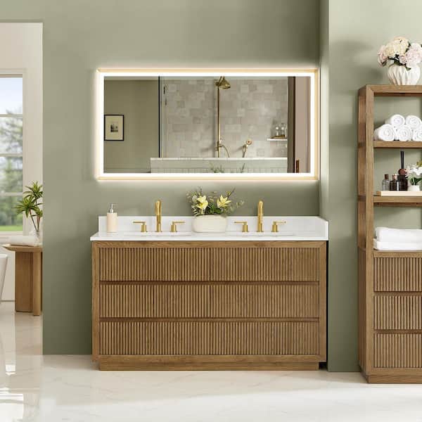 Navan 60 in. Double Freestanding Weathered Brown Bath Vanity with Grain White Engineered Stone Top Assembled