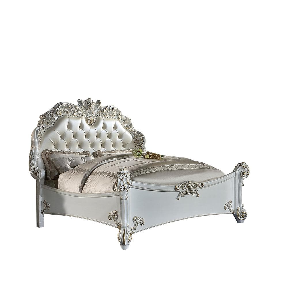 Vendome Queen Bed with Antique Pearl Finish and Tufted Upholstery