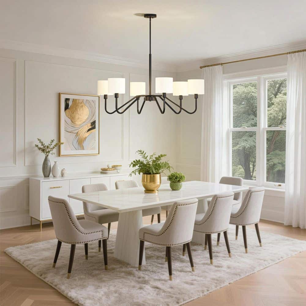 chandelierデスク Emeritpro 6 Light Matte Black Chandelier w/ Linen Shades and E12