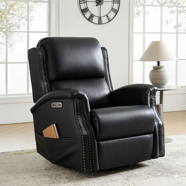 JAYDEN CREATION Joachim Black 34.5 in. Traditional Genuine Leather Power Swivel Glider Recliner