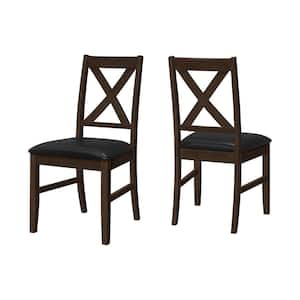 Black Leather Look Dining Chair Set of 2 with Brown Solid Wood