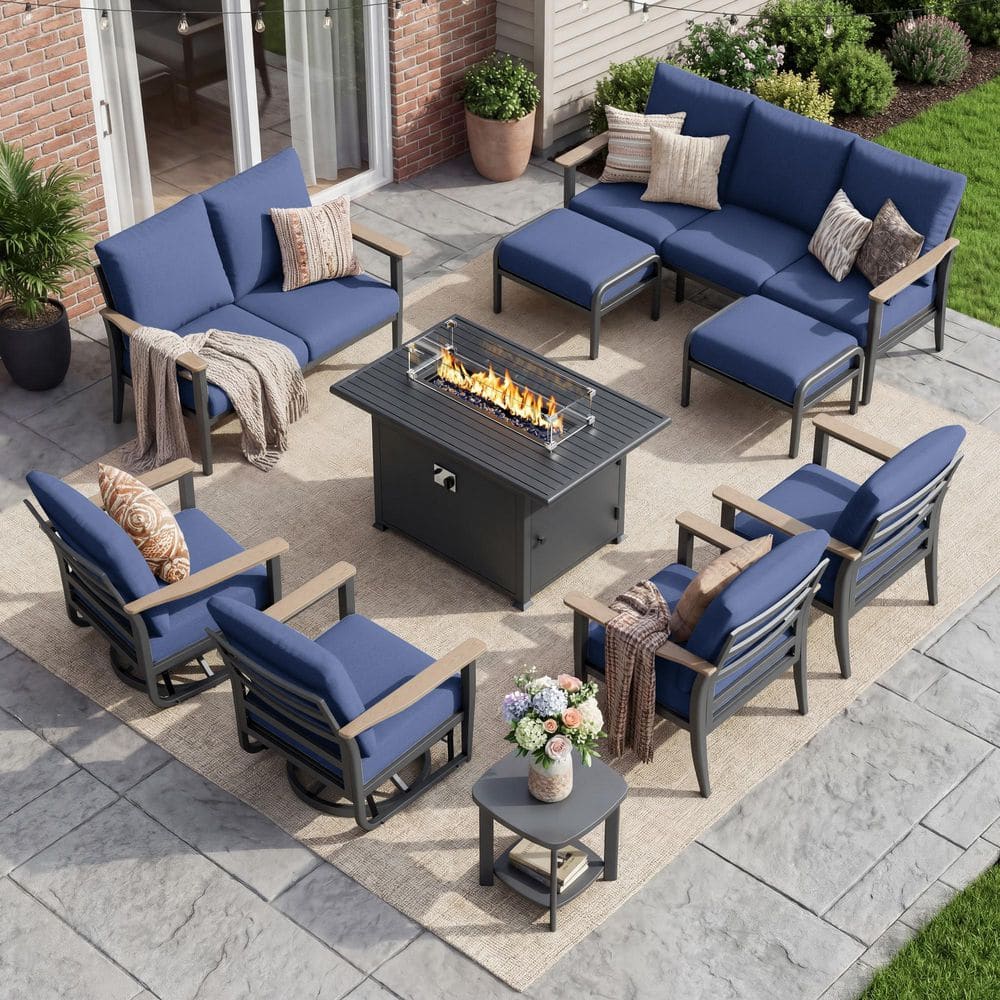 10-Piece Aluminum Patio Conversation Set with 55000 BTU Propane Fire Pit Table, Seats up to 9, Navy Blue Cushions price history on PriceWatchPro