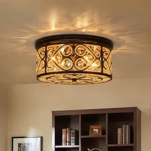 Iridescent 13.8 in. W 4-Light Antique Copper Glam Flush Mount Ceiling Light with Beaded Crystal Drum Shade
