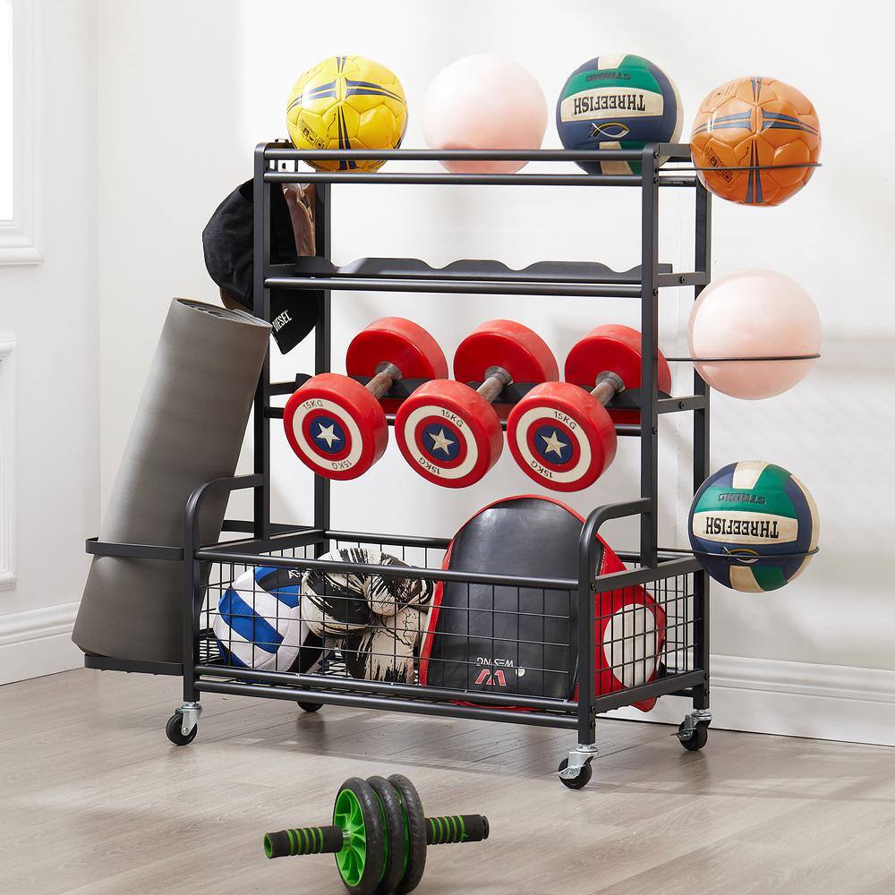 Black Metal 4-Tier Rolling Sports Equipment Organizer