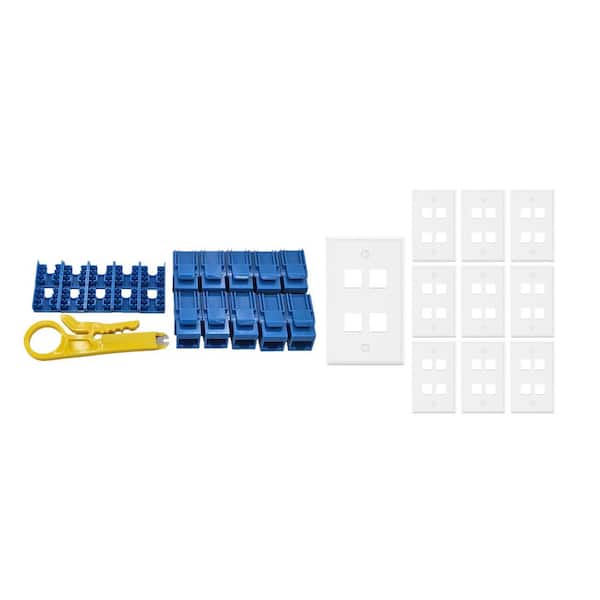 10-Pack 1-Gang White Keystone Plastic Wall Plates 4-Port & 10 Cat 6A RJ45 Keystone Jacks Blue