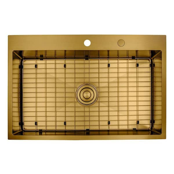 33 in. Dual Mount Single Bowl 18 Gauge Gold Hexagon Textured Stainless Steel Kitchen Sink with Grid and Drains