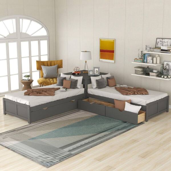Qualfurn Light Gray Multi-Colored Wood Frame Twin L-Shaped