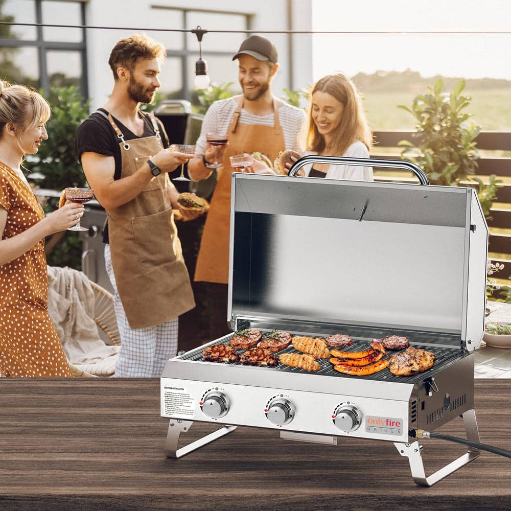Onlyfire 24" Stainless Steel 3-Burner Portable Propane Grill with Foldable Legs