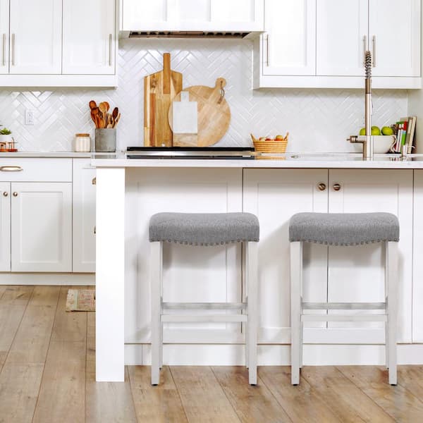 Jameson 29 in. Bar Height Antique White Wood Backless Barstool with Gray Upholstered Linen Saddle Seat Stool (Set of 2)