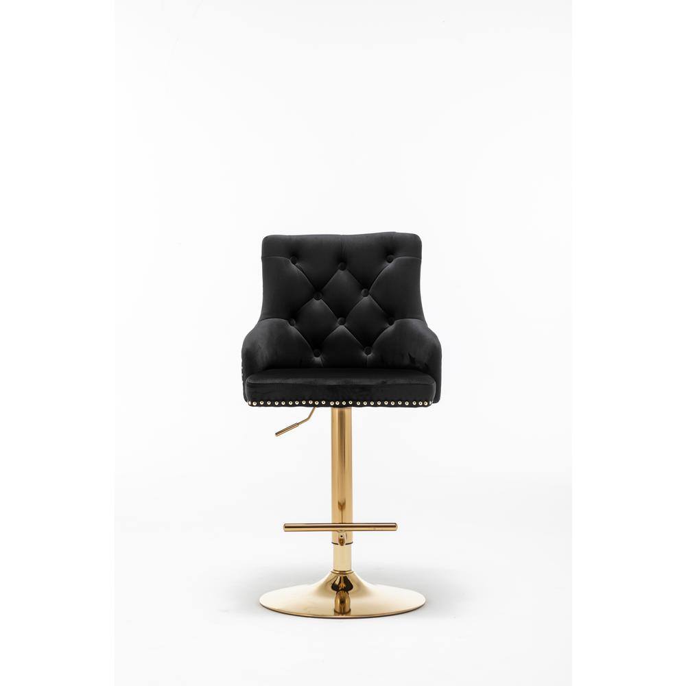 Glamorous Adjustable Swivel Black Velvet Bar Stool with Gold Metal Accents