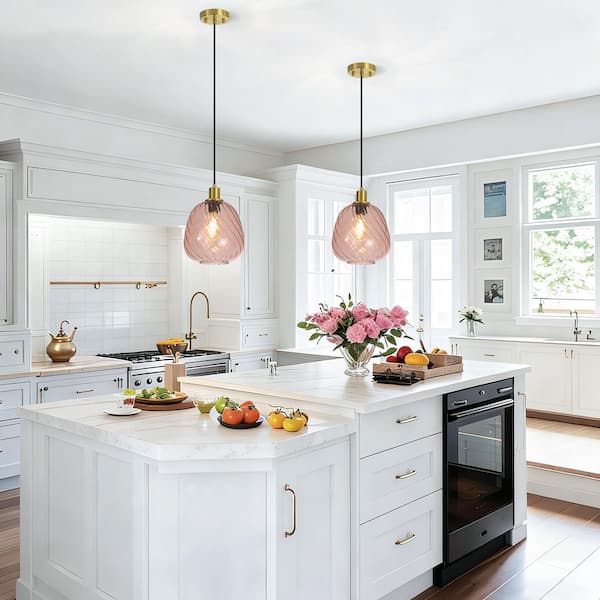 Rayhome 9.45in. 1-Light Modern Glam Bell-Shaped Pink Hand-Blown Swirled Glass Pendant Light for KitchenIsland Diningroom