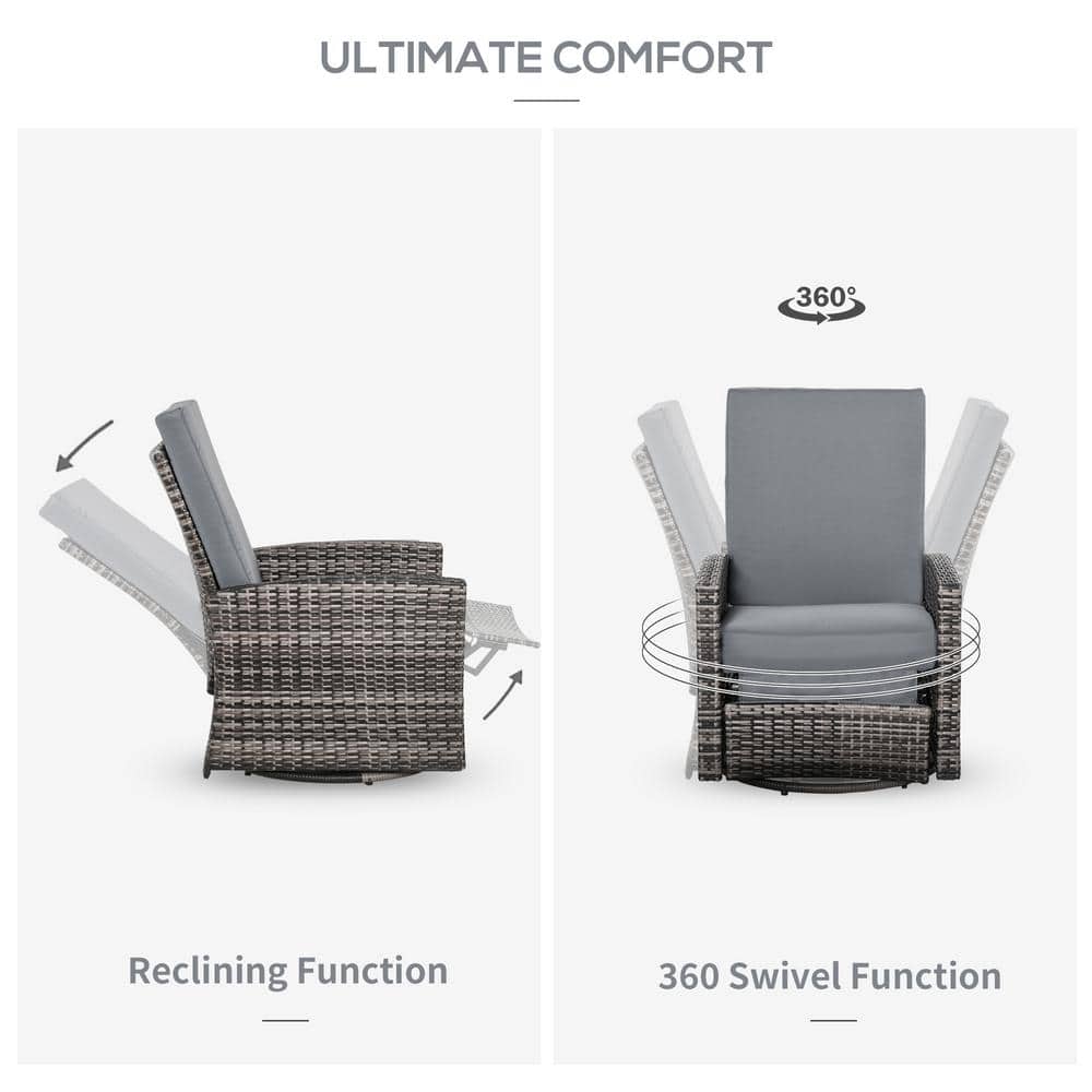 Gray Wicker Swivel Recliner Chair with Cushions