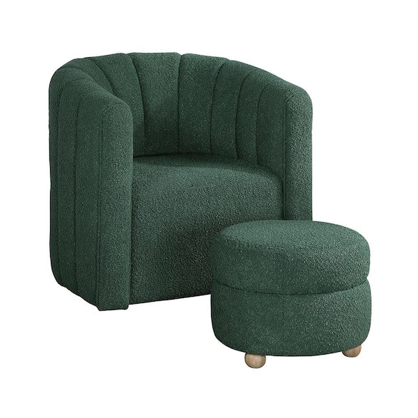 Avina Green Boucle Fabric Upholstery Swivel Arm Chair with Ottoman