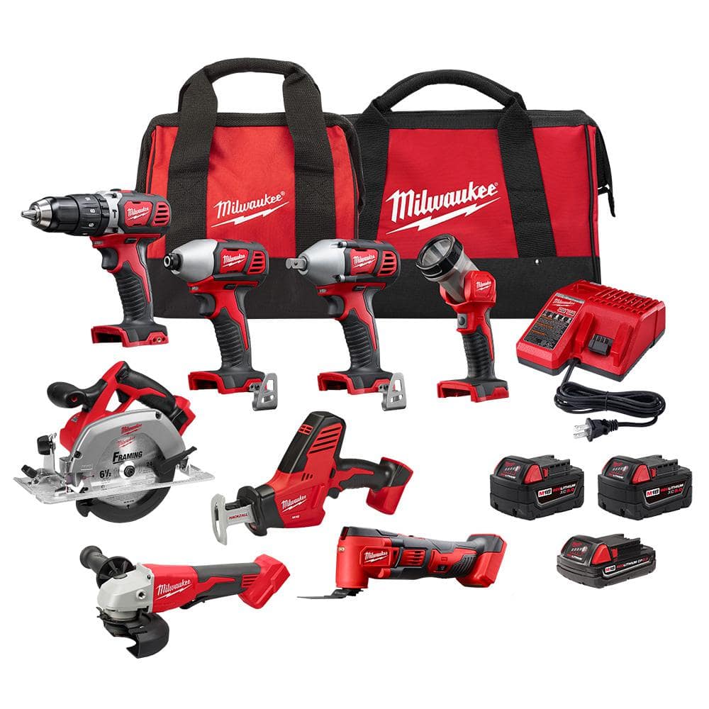 Milwaukee M18 18V Lithium-Ion Cordless Combo Kit (8-Tool) with (3) Batteries, Charger and (2) Tool Bags 2696-28 - The Home Depot