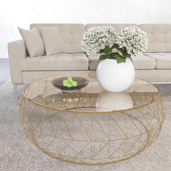 Leisuremod Malibu 34.5 in. Gold Round Tempered Glass Tabletop Coffee Table with Geometric Metal Base