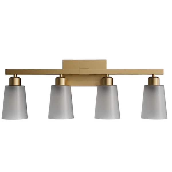 26. 5 in. 4 Light Bathroom Vanity Light, Gold Bathroom Light Fixtures with 4 Frosted Glass Waterproof Shades E26
