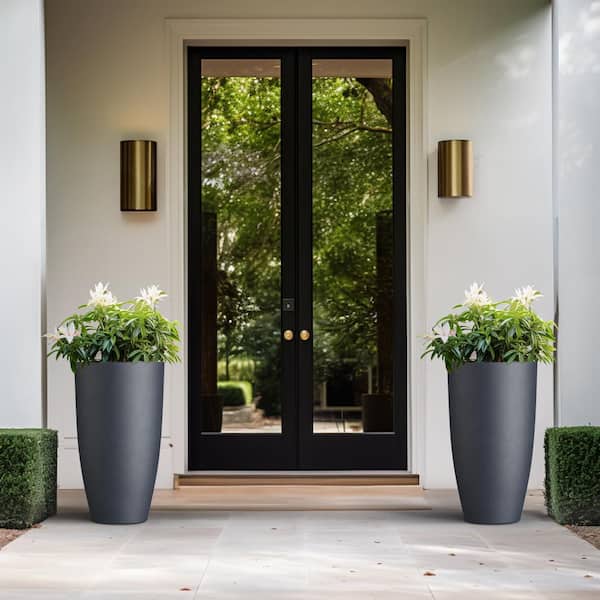 13.5 in. Large Granite Gray Concrete Round  Planter / Pot with Drainage Holes (Set of 2)