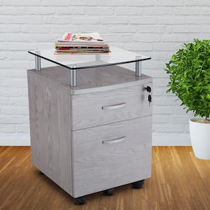 Gray Rolling File Cabinet with Glass Top