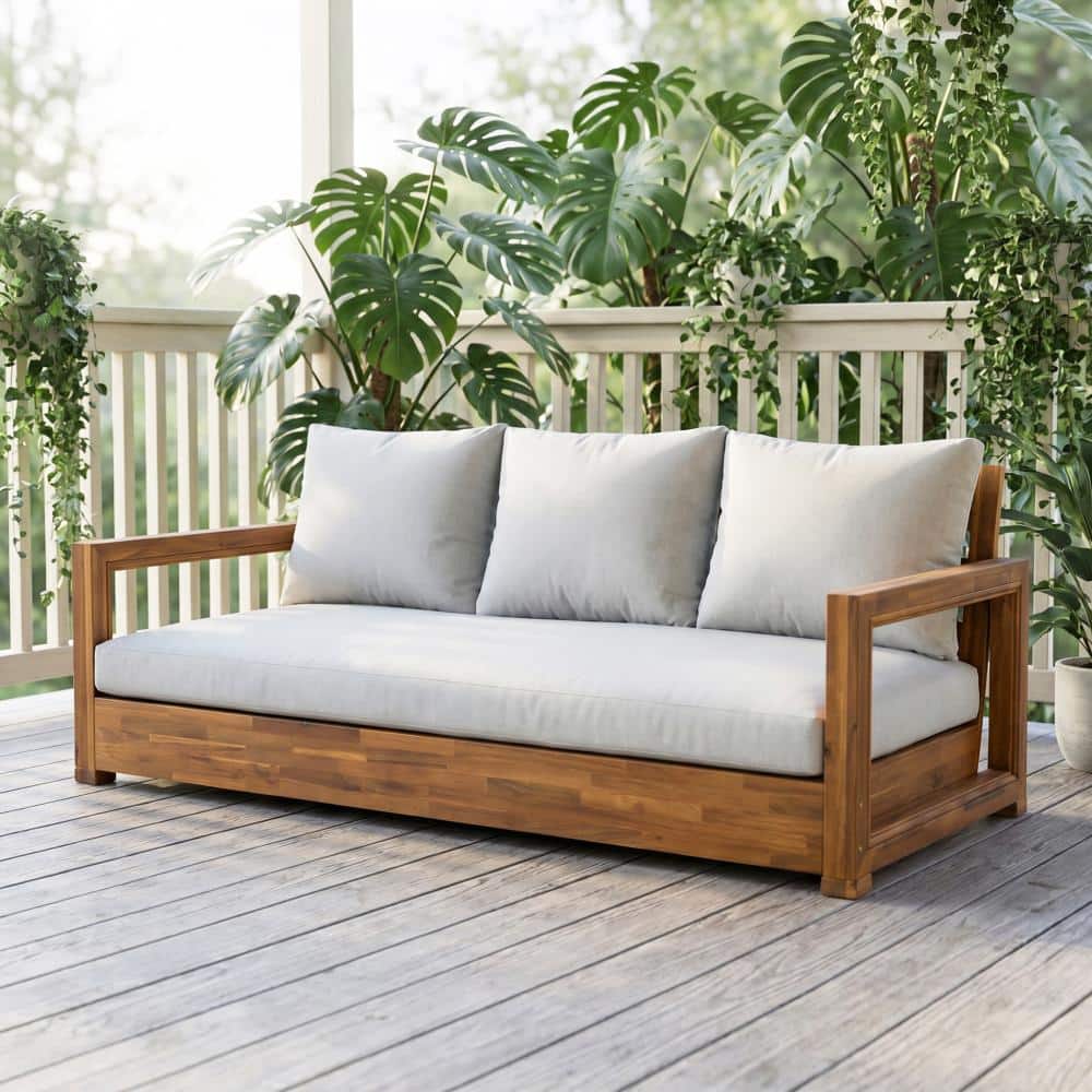 67.5 in. Teak Acacia Wood 3-Seater Sofa Outdoor Patio Daybed with Light Gray Cushion price history on PriceWatchPro