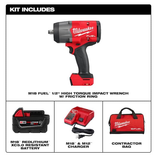 Milwaukee M18 FUEL 18V Lithium-Ion Brushless Cordless 1/2 in. Impact Wrench w/Friction Ring Kit w/One 5.0 Ah Battery and Bag