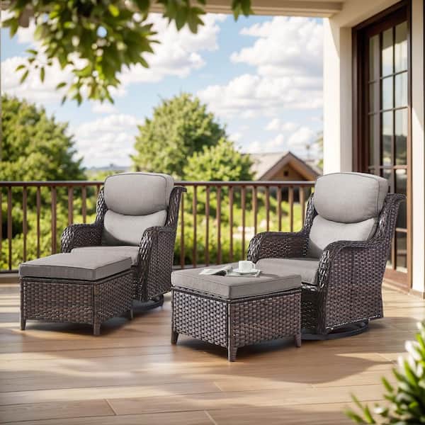 Carolina 4-Piece Brown Wicker Outdoor Swivel Glider Chairs with Thick Gray Cushion